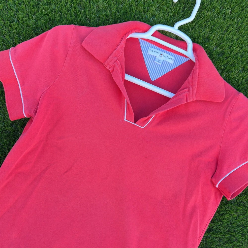 Tommy Hilfiger Golf Polo Shirt Women L Pink V-Neck Short Sleeve Pique Top